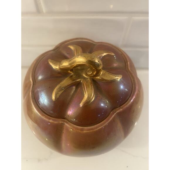 Vtg Fall Pumpkin Canister Orange Lusterware Iridescent Gold Lid Stem Cookie Jar - Picture 5 of 12